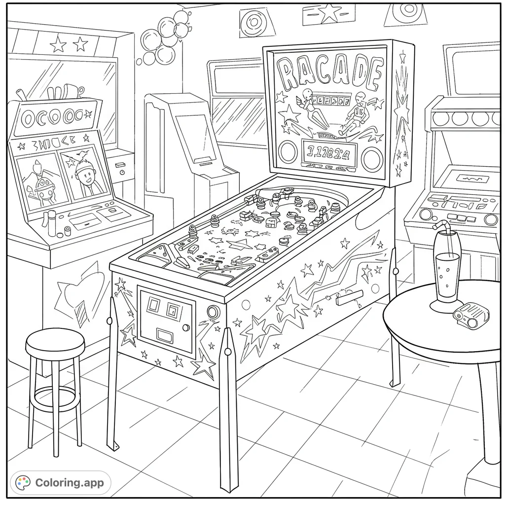 Step into a vibrant retro arcade with a detailed pinball machine, classic arcade games, and fun decor. A free printable coloring page for all ages!
