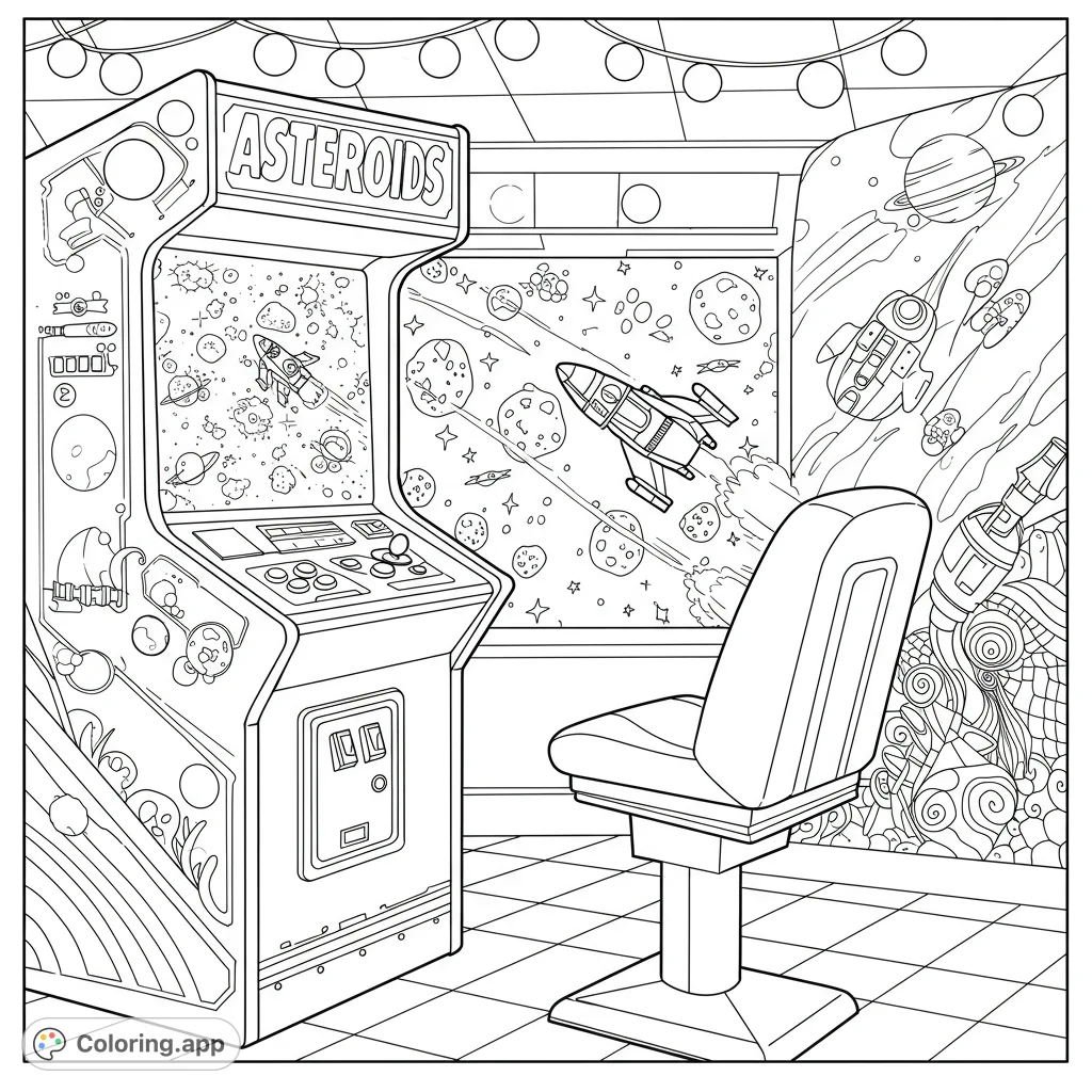 Step into a nostalgic arcade with this retro space adventure coloring page. Features a classic 'Asteroids' machine, a comfy chair, and cosmic scenes.