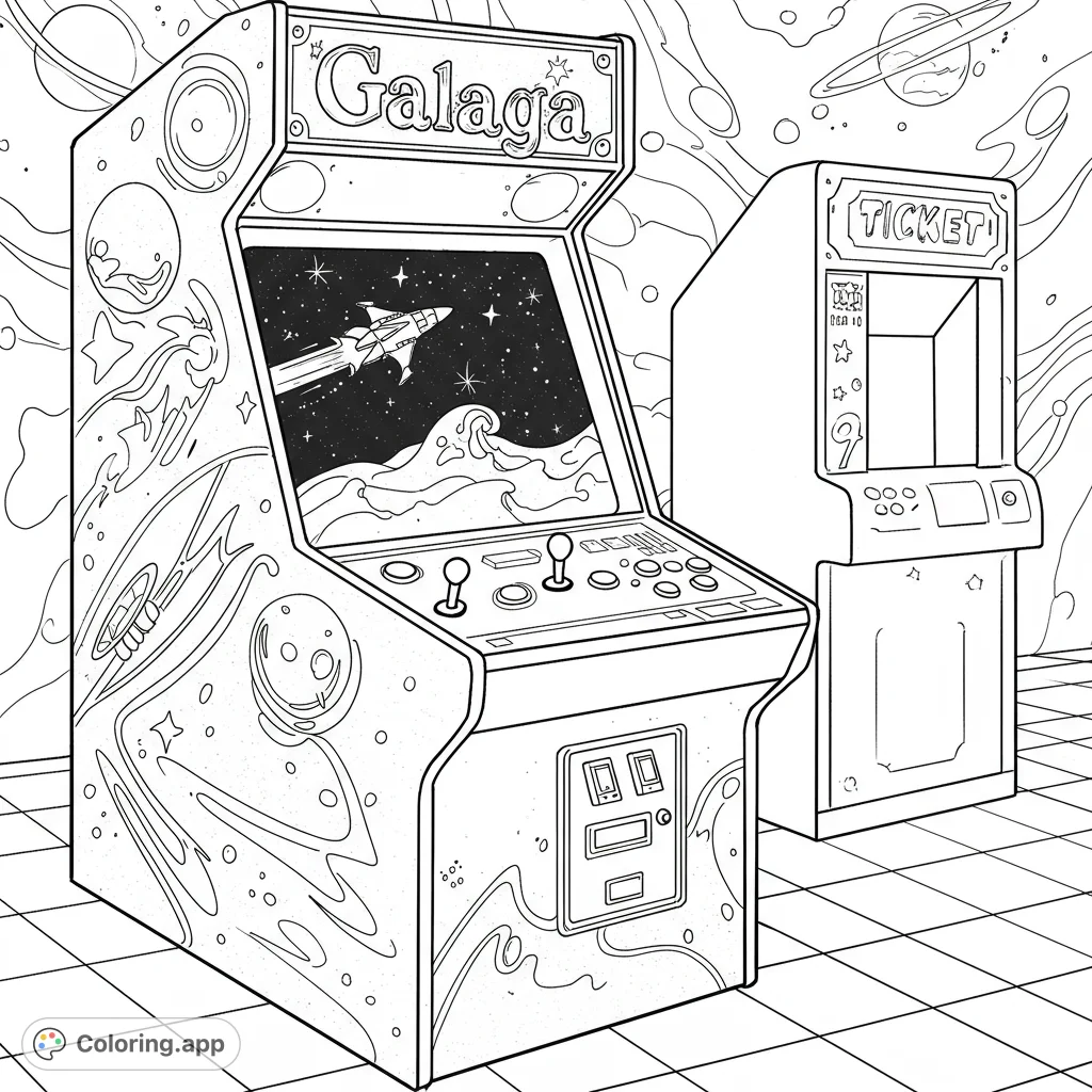 Step into a retro arcade with a classic Galaga machine and ticket booth, featuring a spaceship soaring through a starry cosmic scene. Perfect for nostalgic fun.