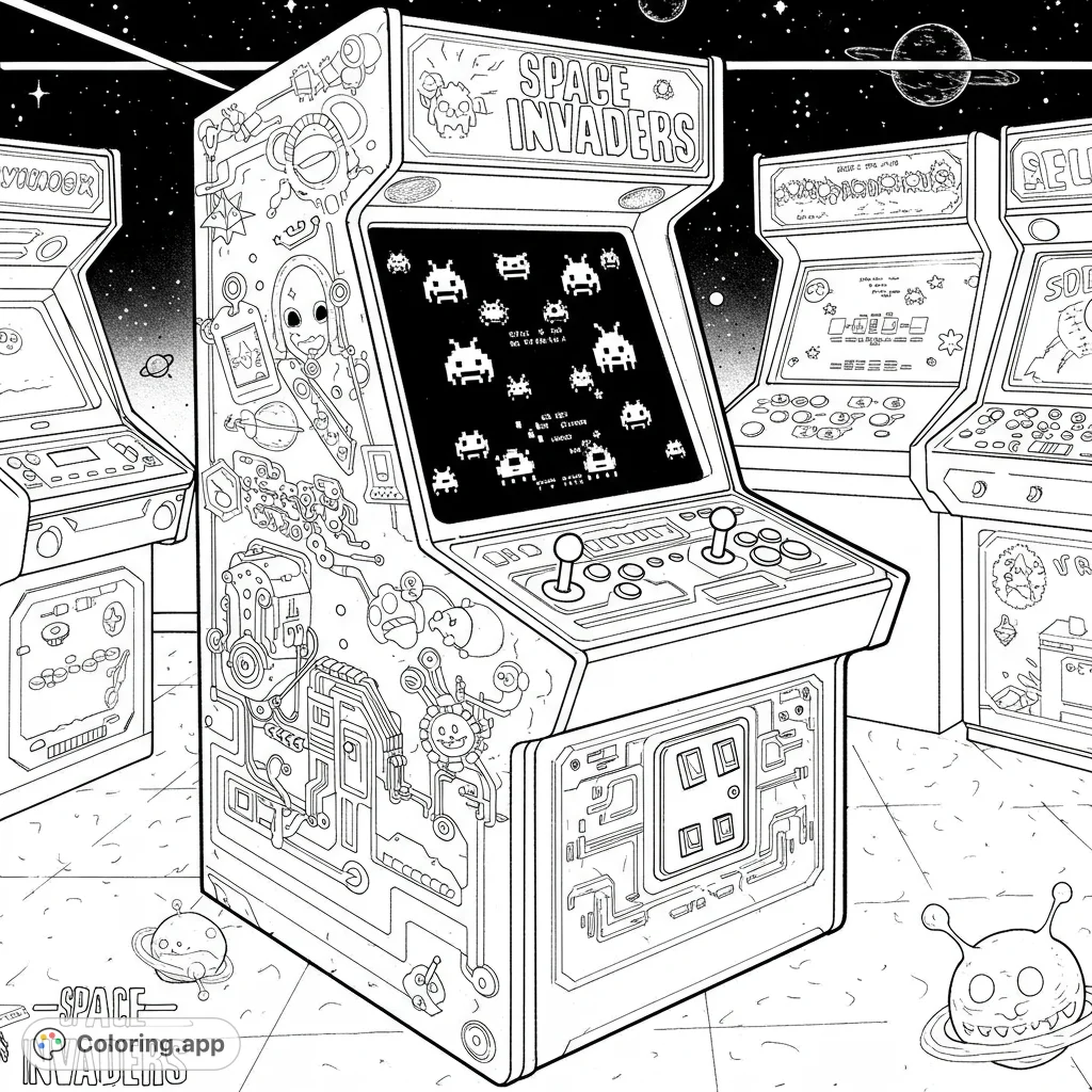 Dive into retro gaming with this Space Invaders arcade machine coloring page! Intricate details, pixel aliens, and cosmic fun await.