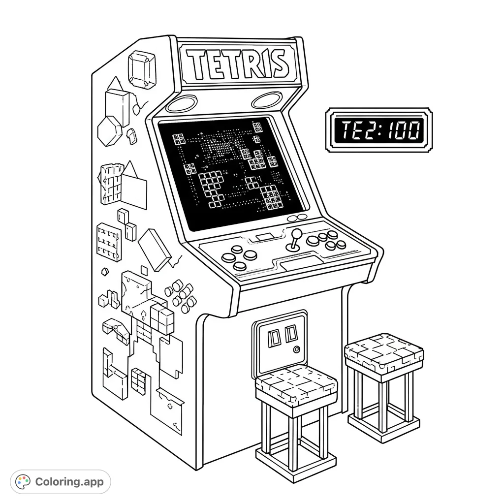 A detailed black and white line drawing of a classic arcade machine, featuring a screen with pixelated blocks, control panel, and two stools.
