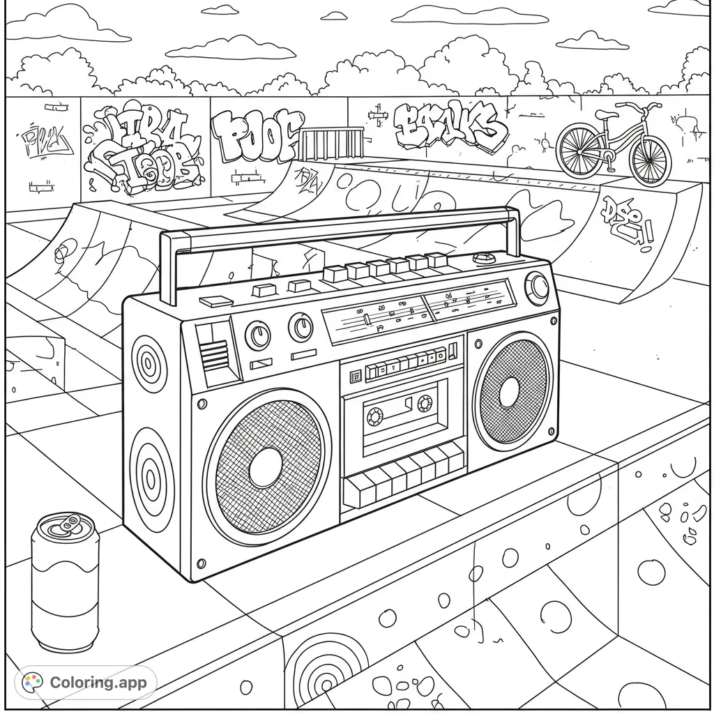 Groove to the beat with this retro boombox coloring page set in a dynamic skatepark, featuring graffiti art and a BMX bike. A free printable coloring page for all ages!