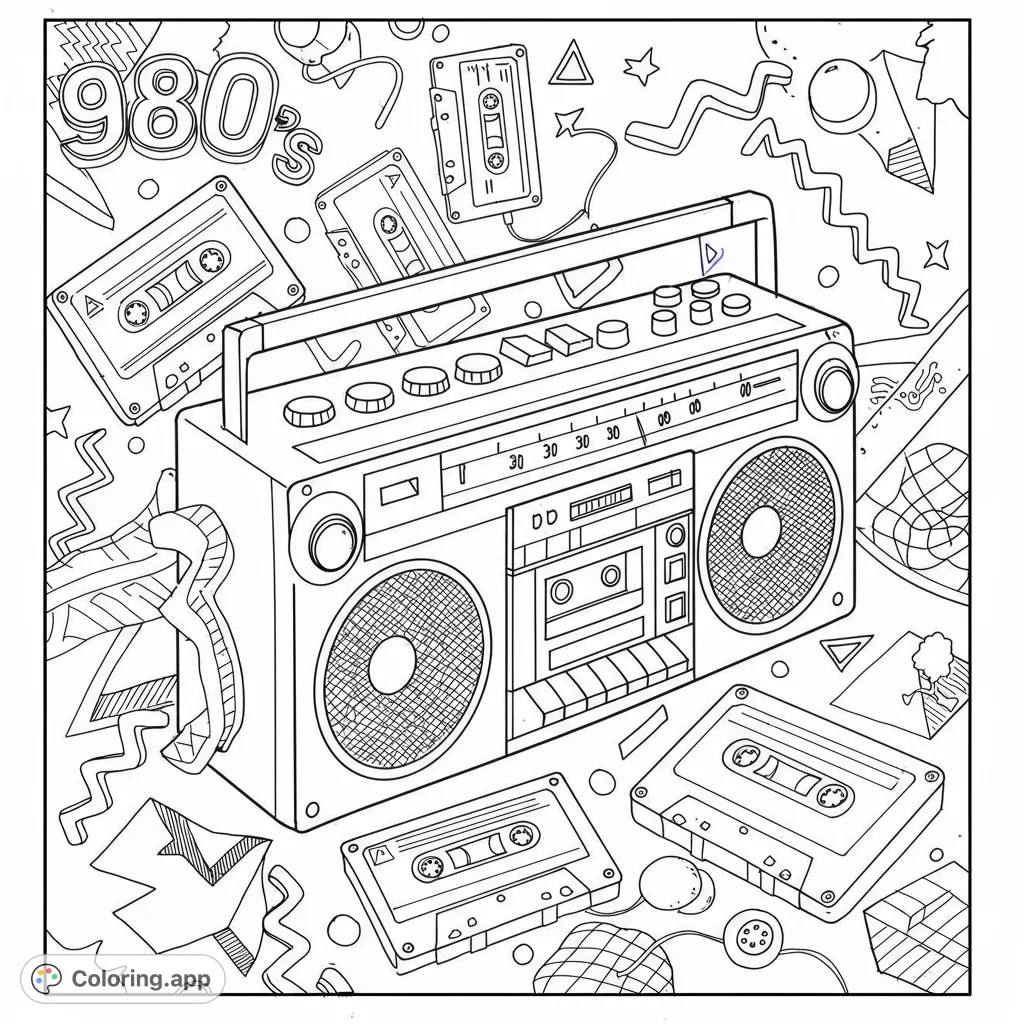 Dive into the 80s with a cool boombox and cassette tapes surrounded by vibrant geometric shapes. A free printable retro coloring page for all ages!