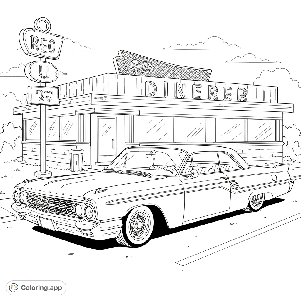 Color a cool vintage car parked outside a classic retro diner. A free printable retro diner coloring page for kids and adults, perfect for nostalgia!