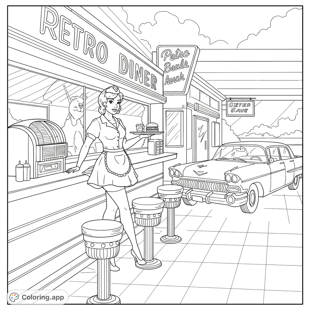 Step back in time with this retro diner coloring page featuring a smiling waitress, classic car, and vintage jukebox. A fun, free printable coloring page.