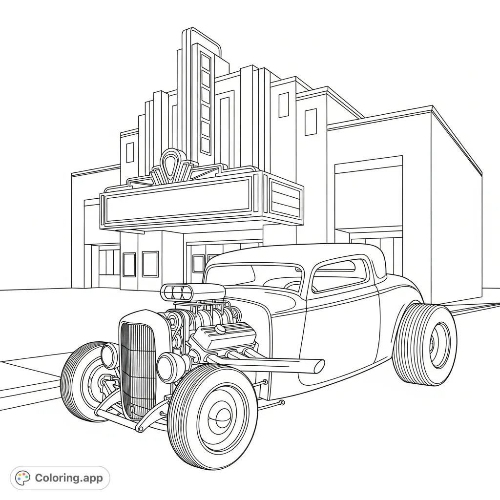 Color a classic hot rod parked before a simplified retro movie theater silhouette with a bold marquee. A nostalgic scene for car and cinema lovers.