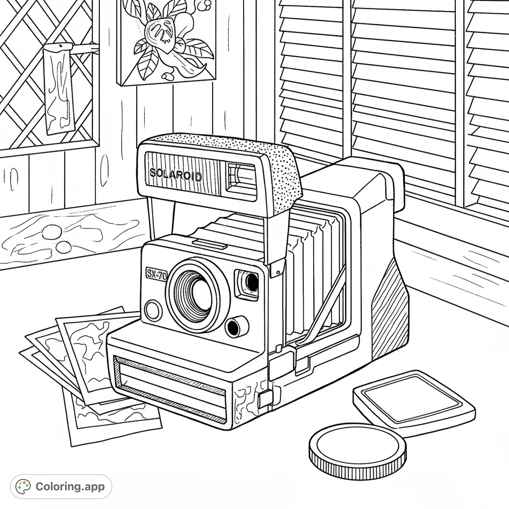 A detailed retro instant camera coloring page, featuring a vintage Polaroid SX-70, instant prints, and classic room decor. Perfect for nostalgia.