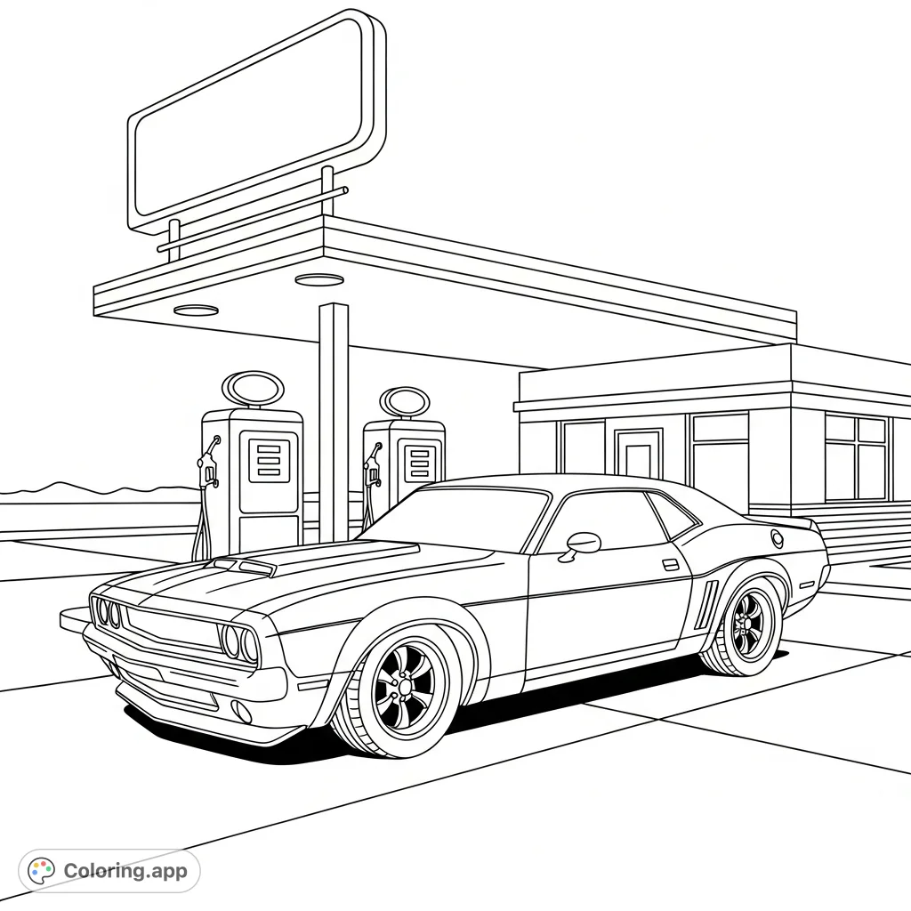 A powerful muscle car is parked at a classic retro gas station, featuring simplified fuel pumps and an iconic silhouette. Ready for your creative colors!
