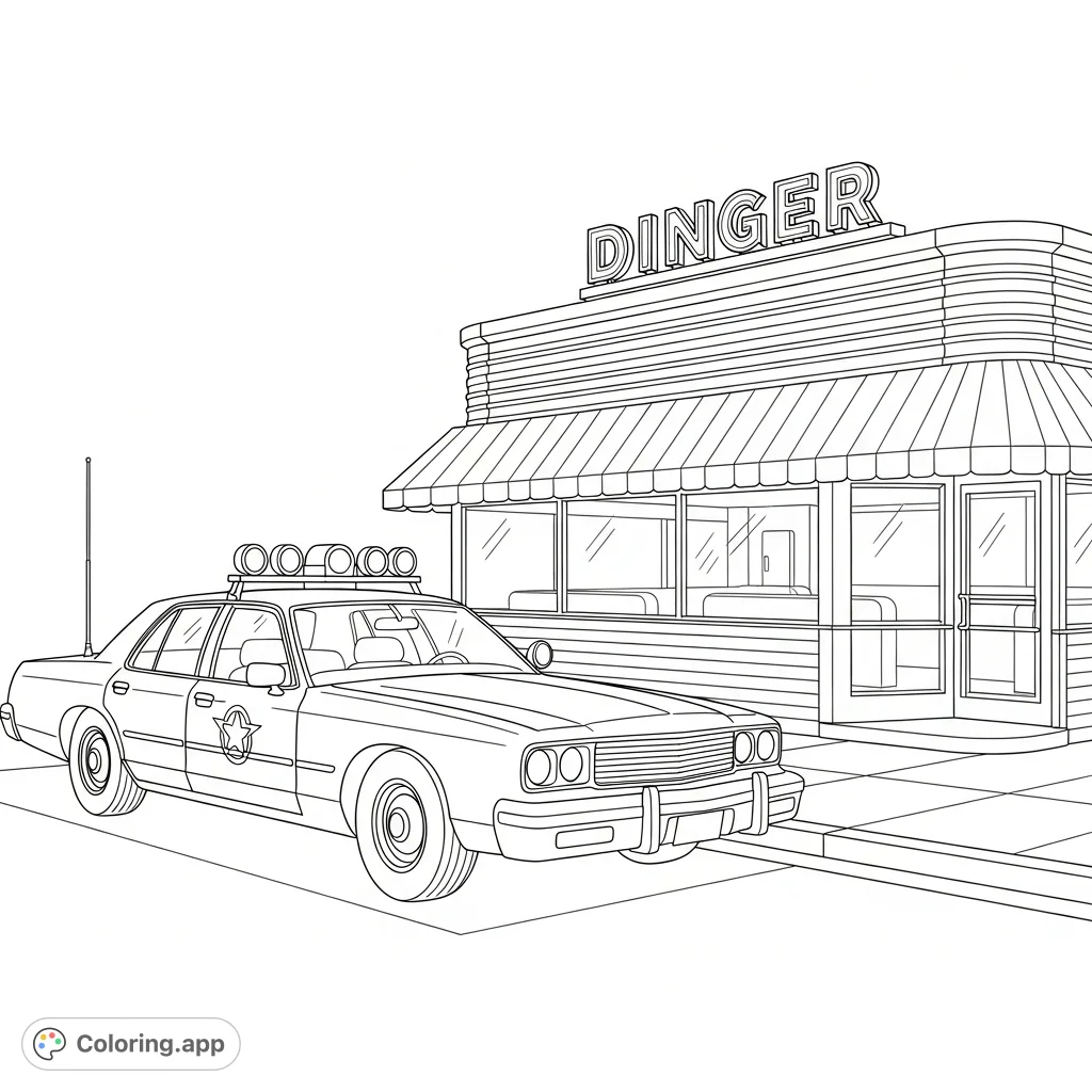 A classic boxy police cruiser is parked by a charming retro diner, capturing a nostalgic street scene. Perfect for coloring enthusiasts.