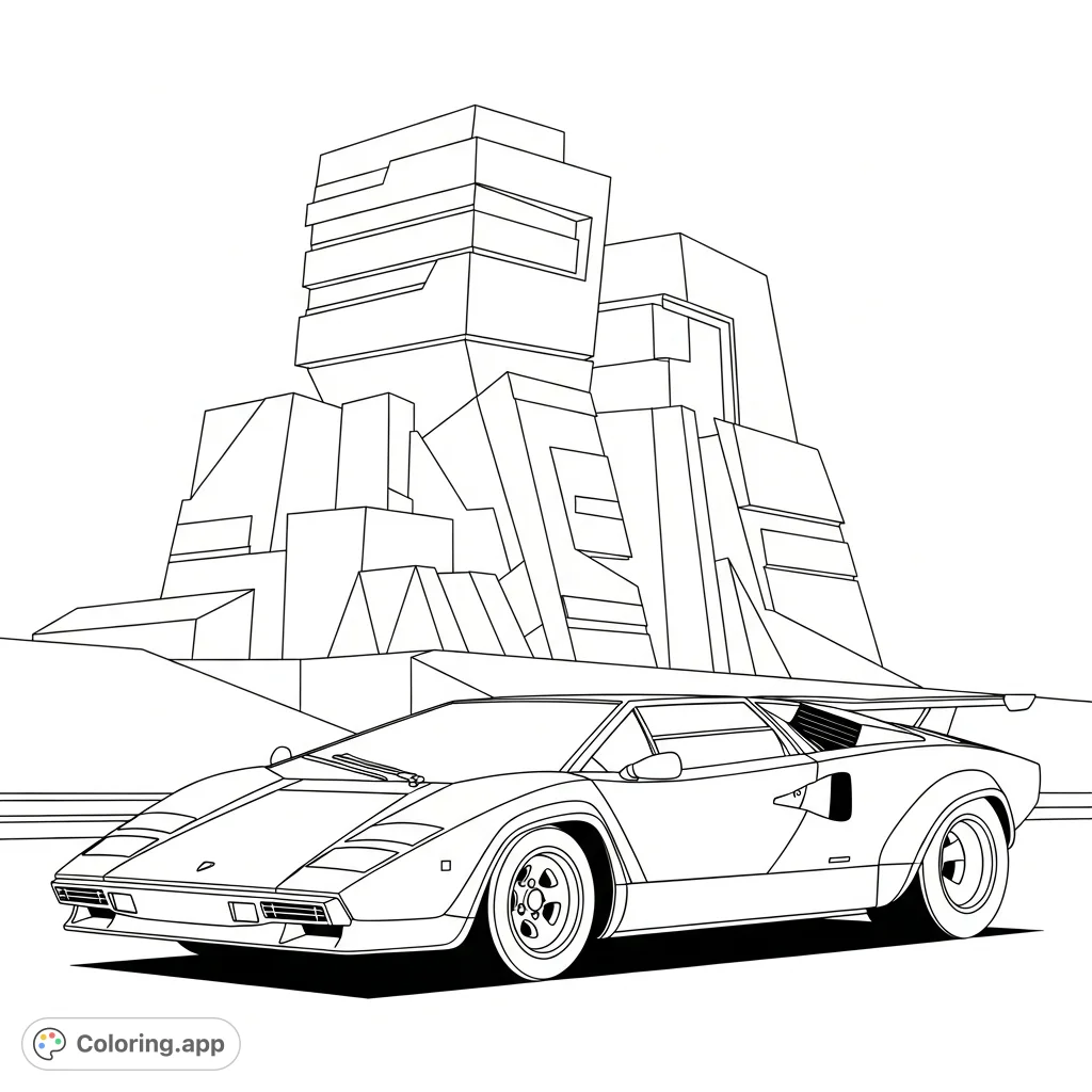 A powerful retro supercar with sharp angles is parked beside a stylized geometric building, ready for a detailed coloring adventure.