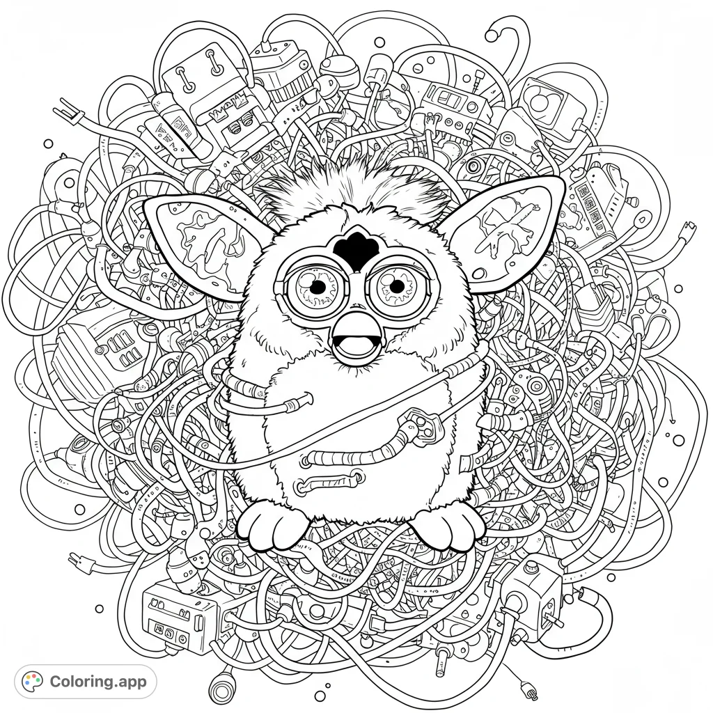 An intricate retro-tech creature coloring page featuring a fluffy, wide-eyed character nestled in a chaotic tangle of wires, plugs, and electronic components.