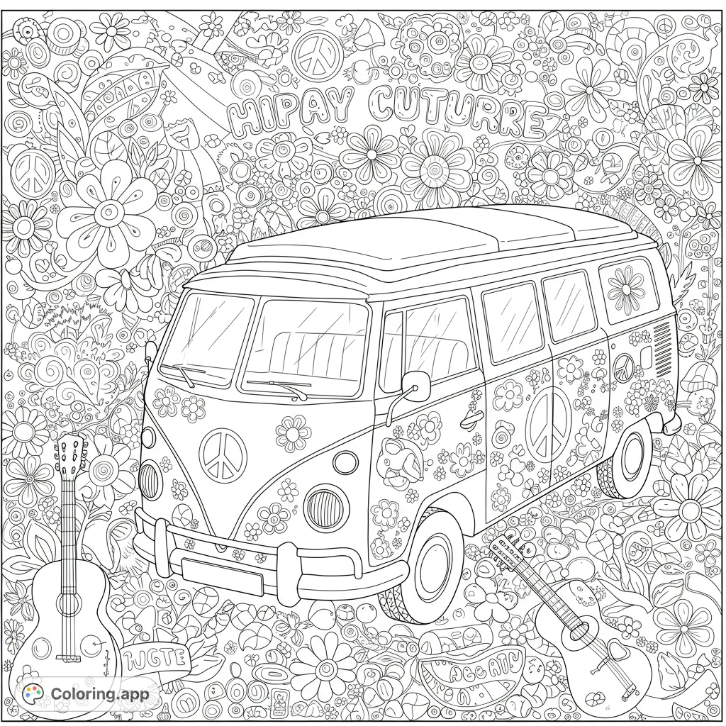 A groovy hippie van surrounded by intricate flowers, peace signs, and guitars. A free printable retro van coloring page for peace and creativity.