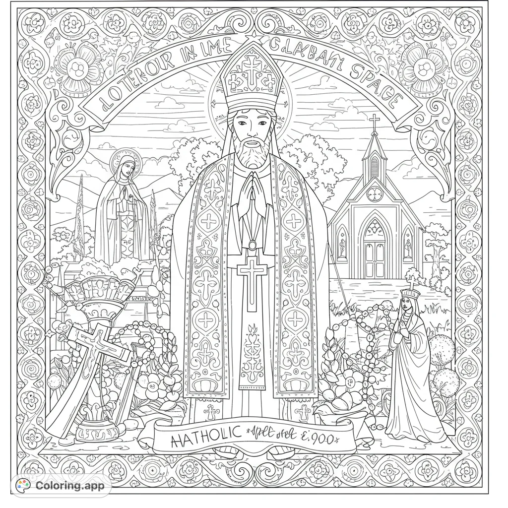 An intricate religious coloring page featuring a solemn bishop, saints, a church, and ornate patterns. A free printable religious coloring page for adults.