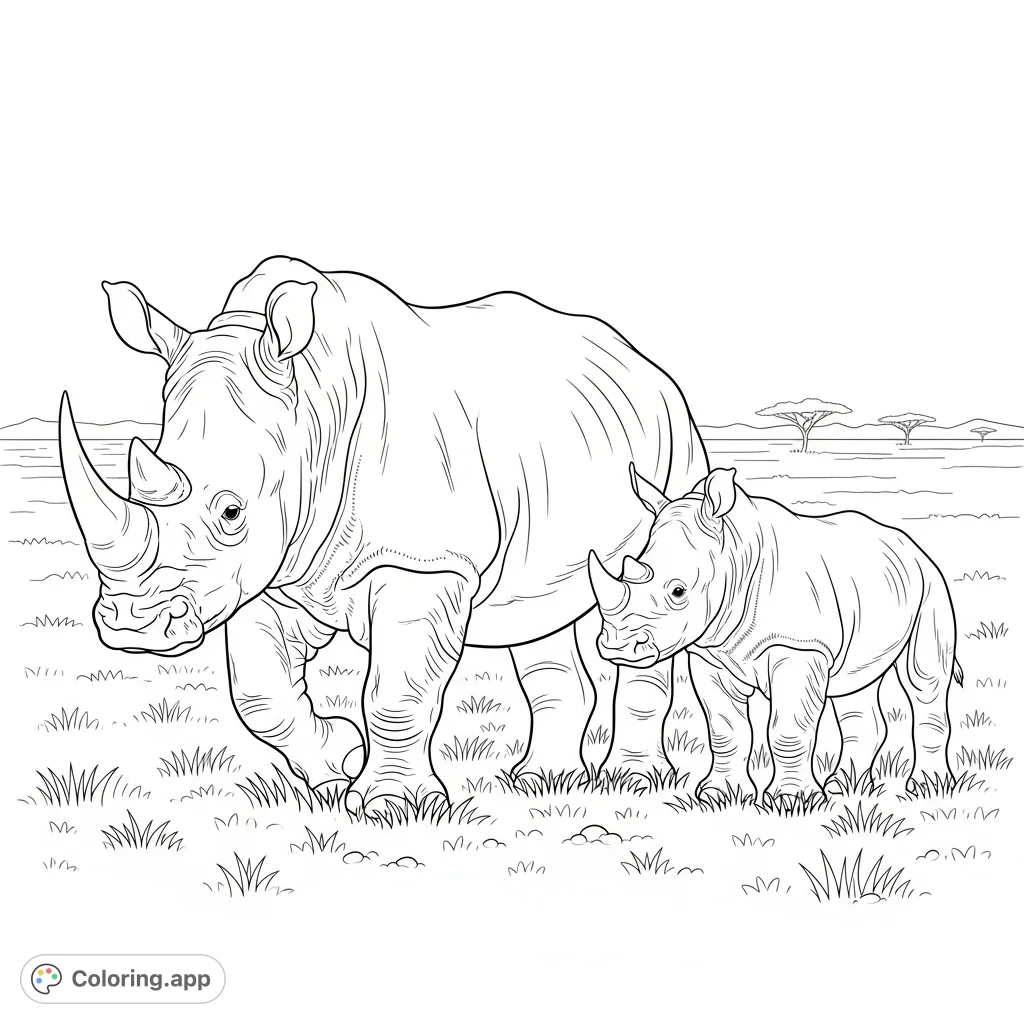 A touching scene of an adult rhinoceros and its calf walking across the savanna, featuring detailed textures and a serene natural backdrop.
