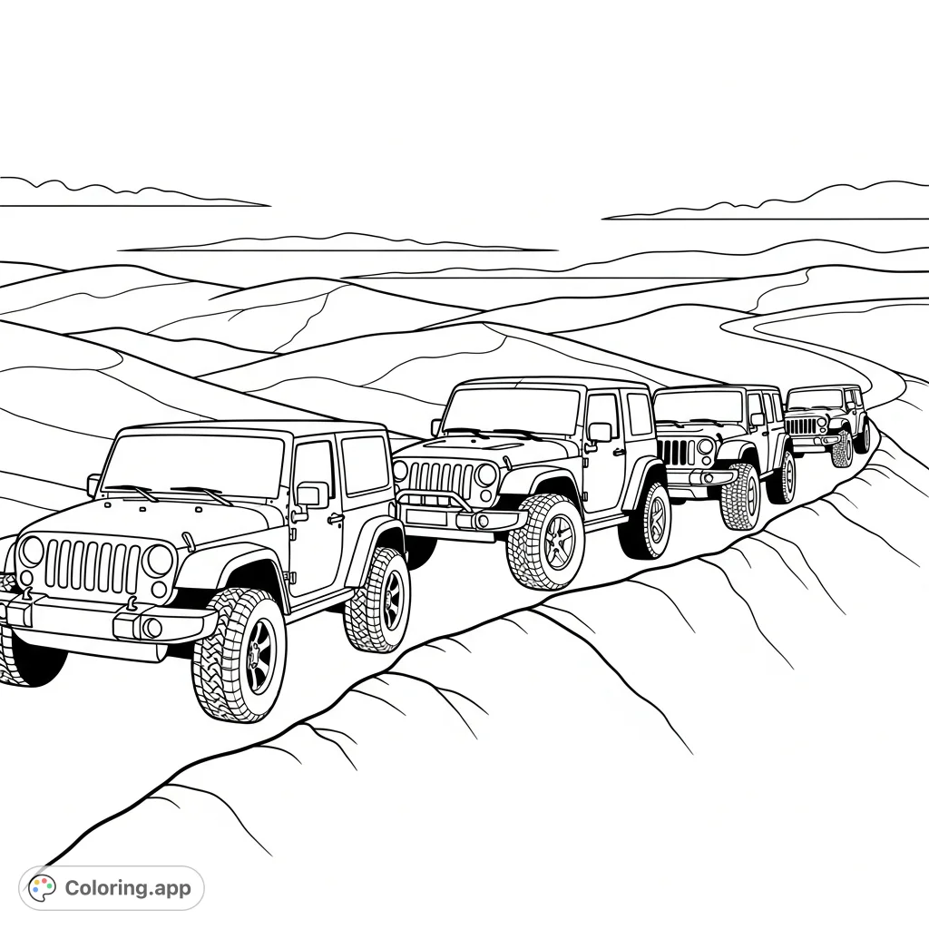 Color a thrilling scene featuring a convoy of bold, simplified Jeep-style vehicles navigating a winding ridgeline trail beneath an open sky.