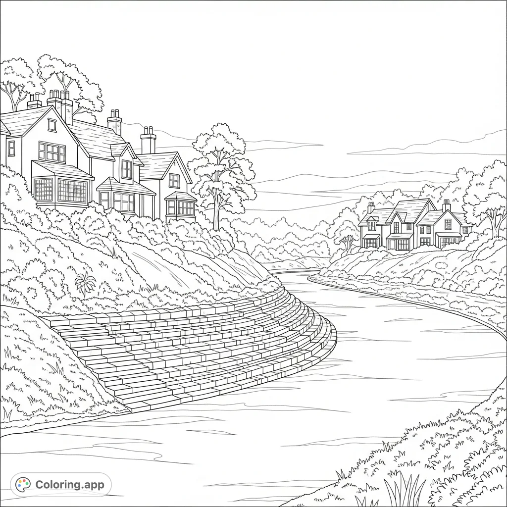 Explore a peaceful riverbend with quaint houses nestled above ancient stone steps. A charming landscape offering creative opportunities for all skill levels.