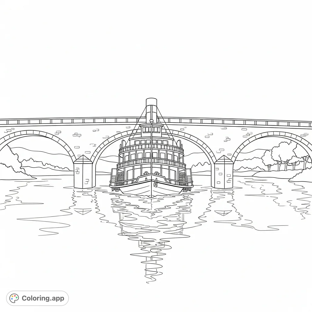 A classic riverboat smoothly navigates beneath a low, multi-arched stone bridge, with simplified water ripples and distant shorelines for a serene scene.