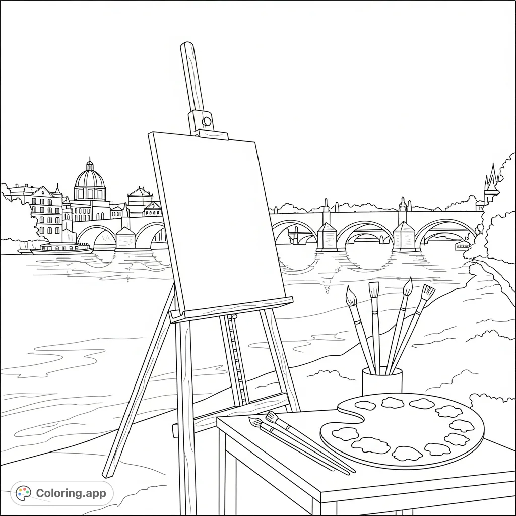 Riverside Artist's Easel Scene - Coloring.app