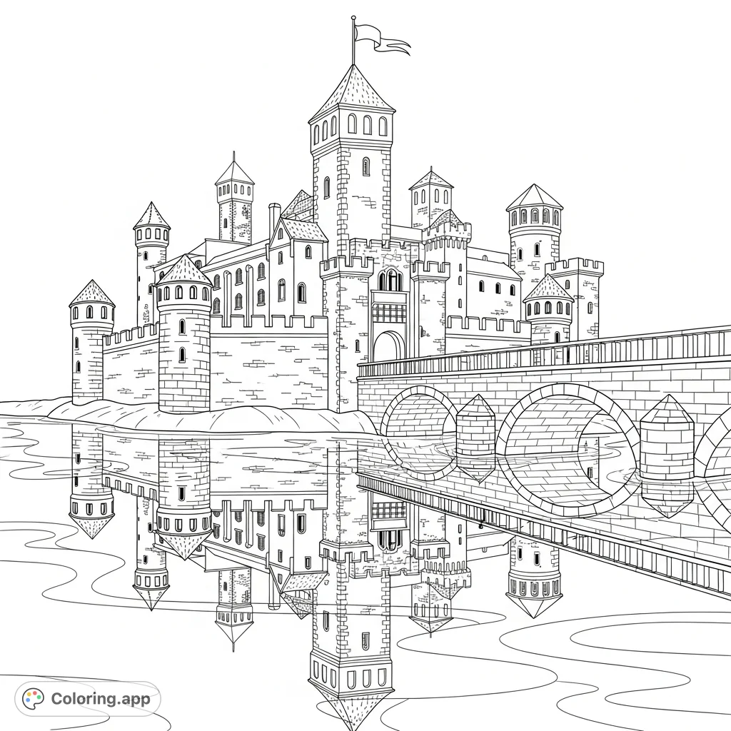 Explore a magnificent riverside castle with towering walls, a flying banner, and its clear reflection in the water. An elegant stone bridge leads to its gates.