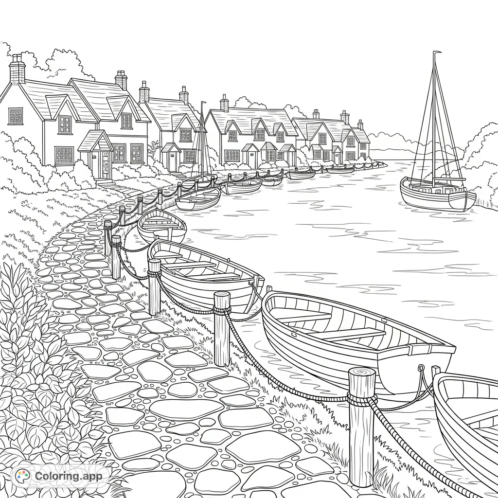 A tranquil riverside scene featuring a winding path, quaint cottages with architectural details, and various boats gently moored along the water's edge, inviting calm.