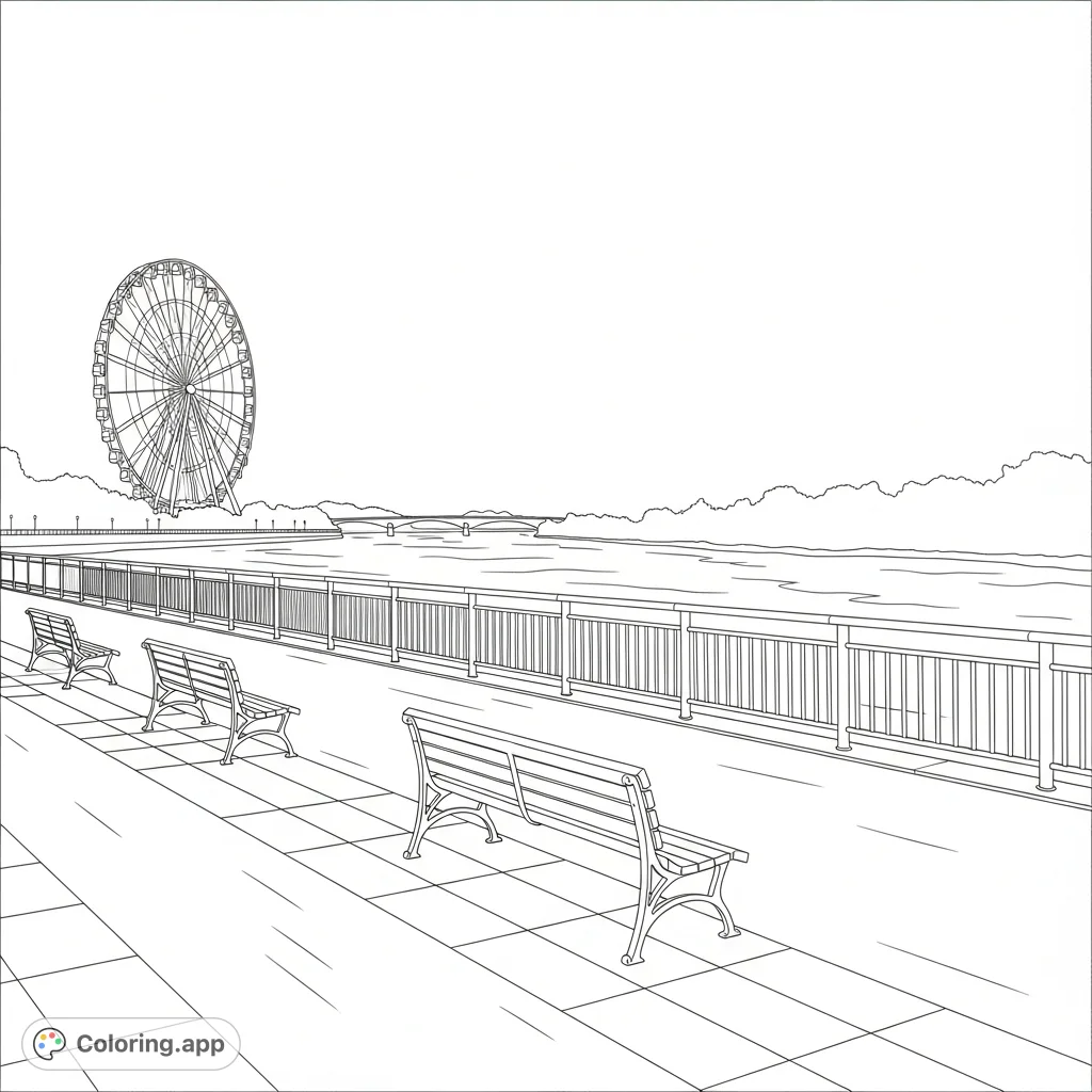 A tranquil riverside promenade, complete with benches and a railing, offers a view of a softly silhouetted ferris wheel in the distance, inviting serene coloring.