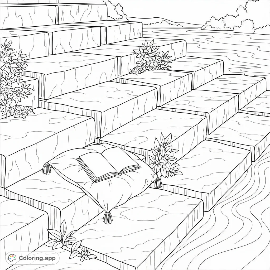 Discover a peaceful book-reading spot on ancient river steps. Intricate stonework and flowing water invite calm.