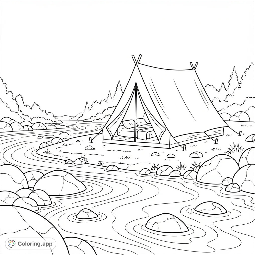 A serene coloring page featuring a cozy tent beside a gently flowing river with smooth rocks and distinct ripples, set against a backdrop of distant trees.
