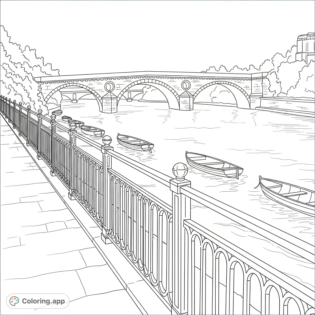 A tranquil scene featuring a riverside walkway with an ornate wrought-iron railing, boats floating under a classic stone bridge, inviting calm and detailed coloring.