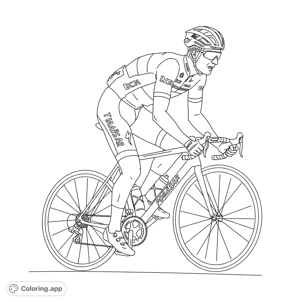 Dynamic road cyclist in full gear, perfect for sports enthusiasts to color. A free printable cycling coloring page for all ages.