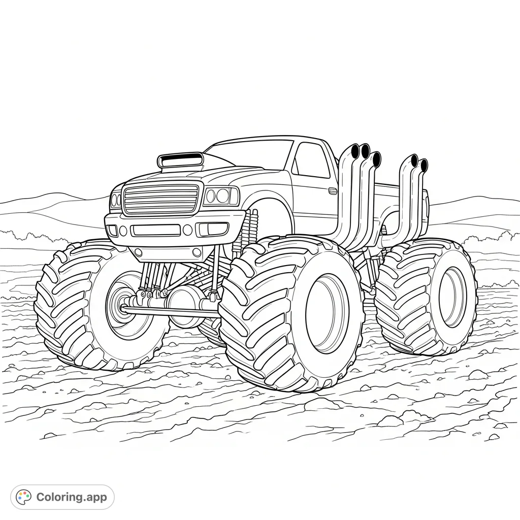 A powerful monster truck with a raised hood scoop and side exhaust pipes, parked imposingly on a rugged dirt field. Ready for action!
