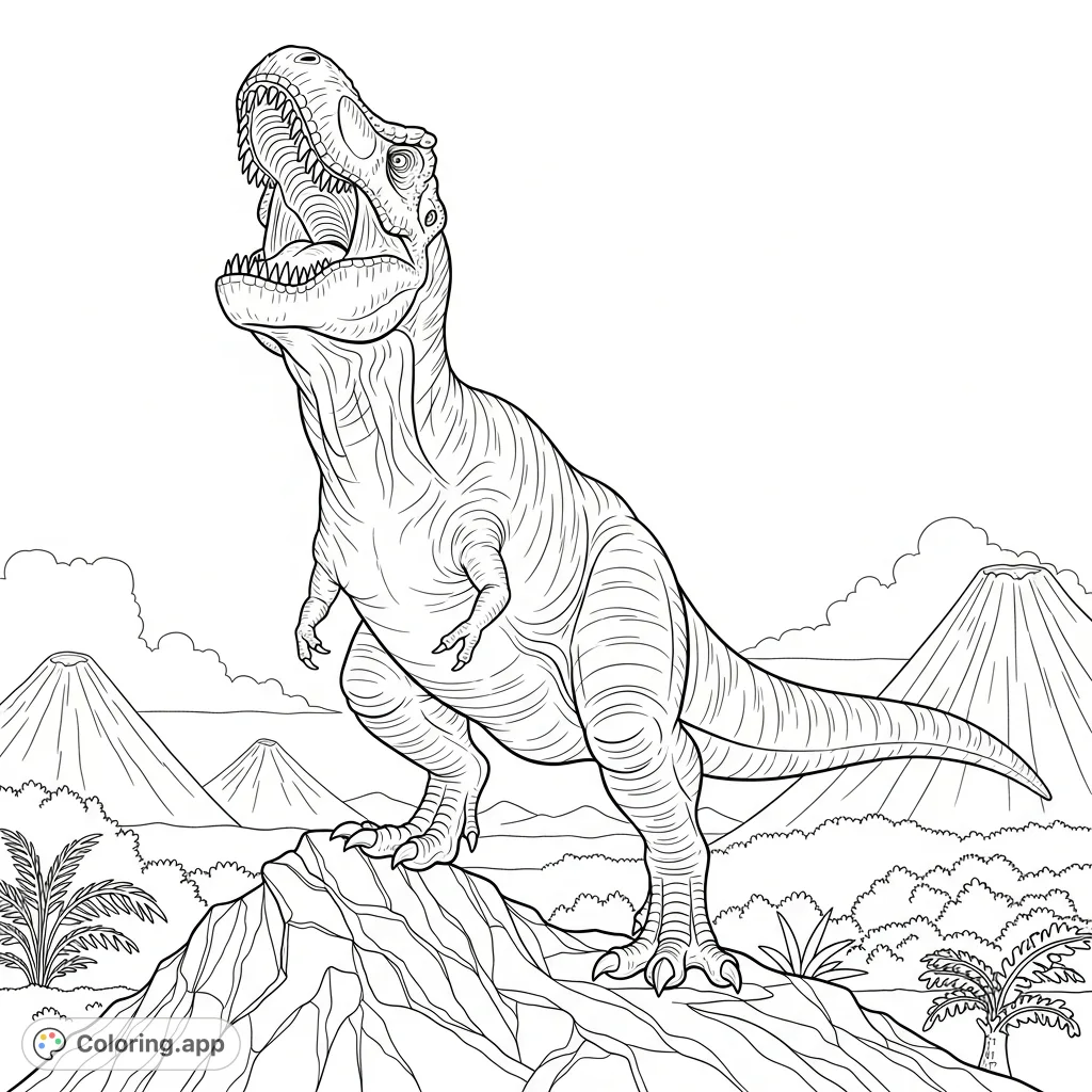 A powerful T. rex dominates a prehistoric landscape, roaring from a jagged rocky hill with sharp teeth and textured scales.