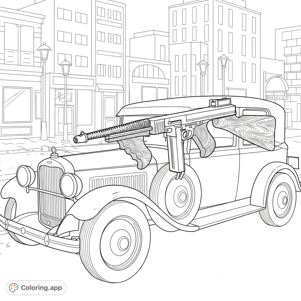 A classic vintage car with a mounted Tommy gun on a city street, capturing the essence of the Roaring Twenties era. Free printable coloring page.