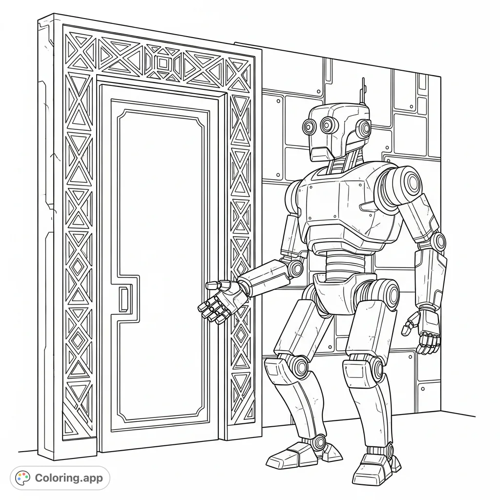 A vigilant robot stands guard beside a tall, intricately carved doorway. This page features modular robot details and geometric architectural elements, perfect for sci-fi enthusiasts.