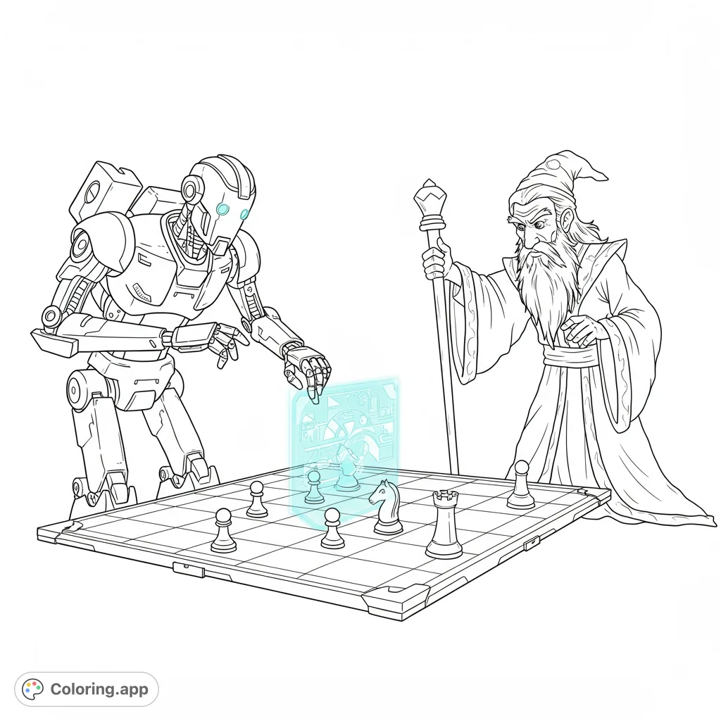 A futuristic robot and a wise wizard face off in an epic chess game on a high-tech board. A unique fantasy vs.