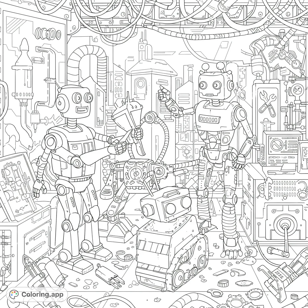 Explore a detailed robot workshop with two busy humanoid robots and a small tracked bot amidst intricate machinery and scattered tools. A fun, free printable coloring page!