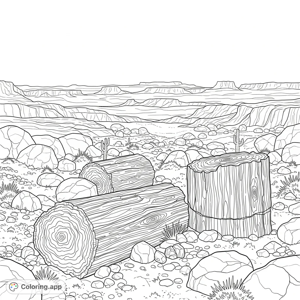 Explore a rugged desert scene featuring ancient petrified logs with detailed wood grain, varied boulders, and sparse desert plants under a vast sky.