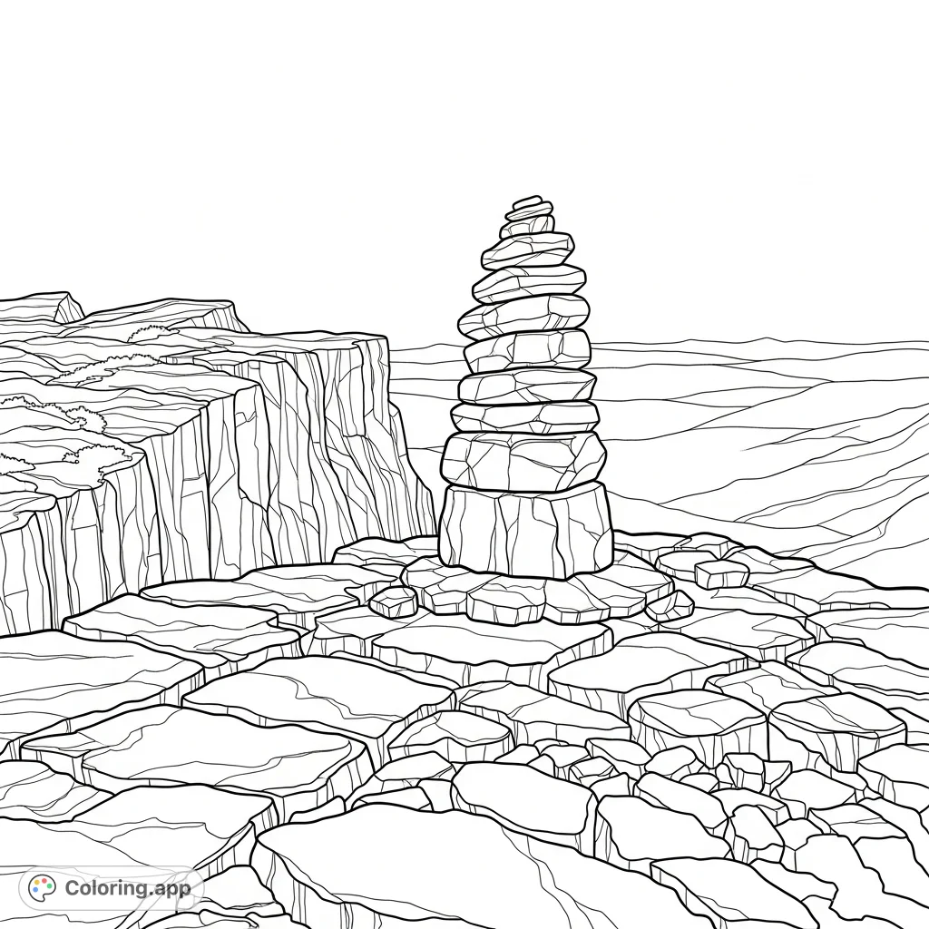 Explore a serene rocky overlook featuring a prominent cairn on the edge, overlooking a vast, rugged landscape. Perfect for nature lovers and mindful coloring.