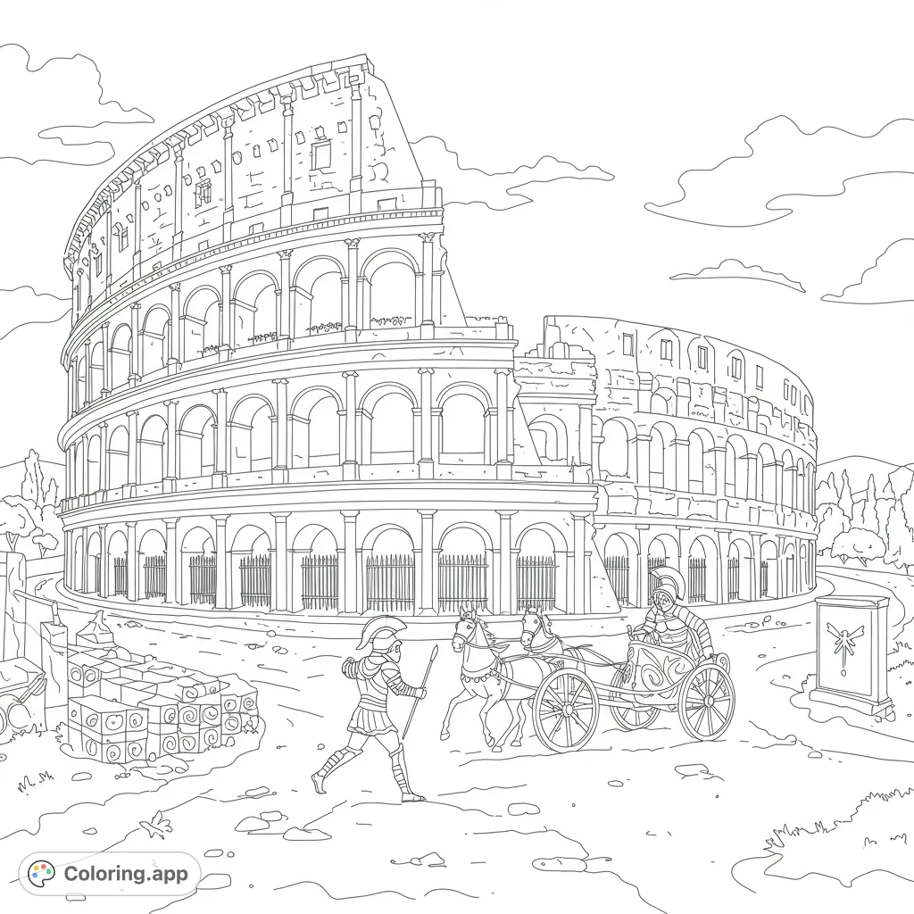 Explore ancient Rome with this detailed Colosseum coloring page featuring a gladiator and chariot. A free printable historical adventure!