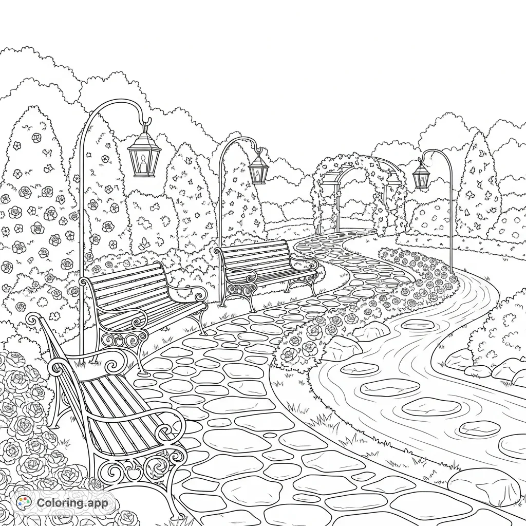 Discover a tranquil garden path featuring elegant wrought-iron benches, glowing lanterns, and meticulously trimmed hedges. A serene scene perfect for relaxation.