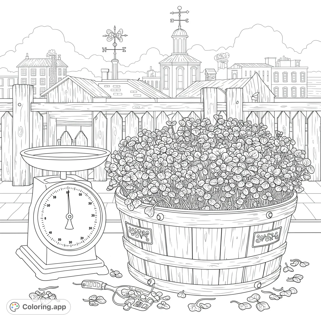 Explore a charming rooftop garden coloring page featuring a lush clover planter, vintage scale, and city skyline. A free printable coloring page for all ages.