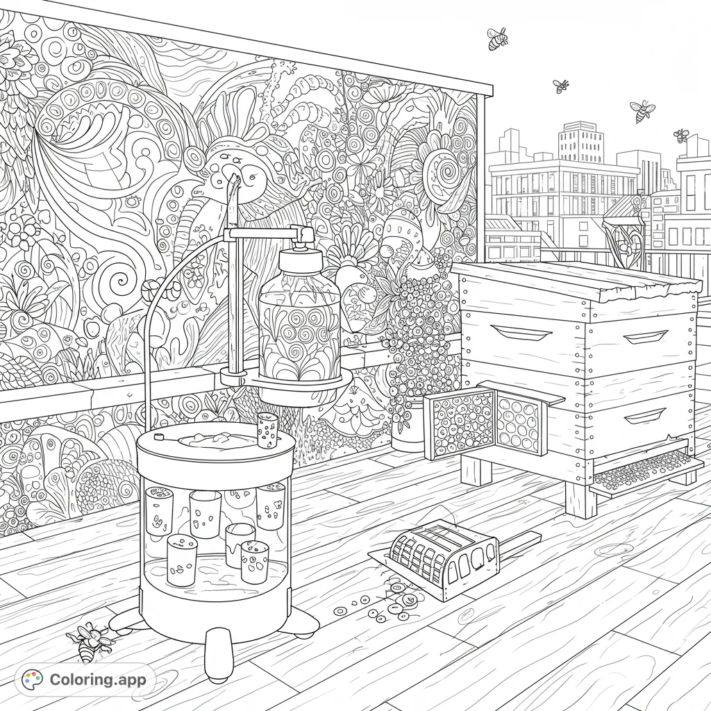 Explore a detailed urban beekeeping coloring page featuring a beehive, honey extractor, and intricate rooftop garden mural with a city skyline background.