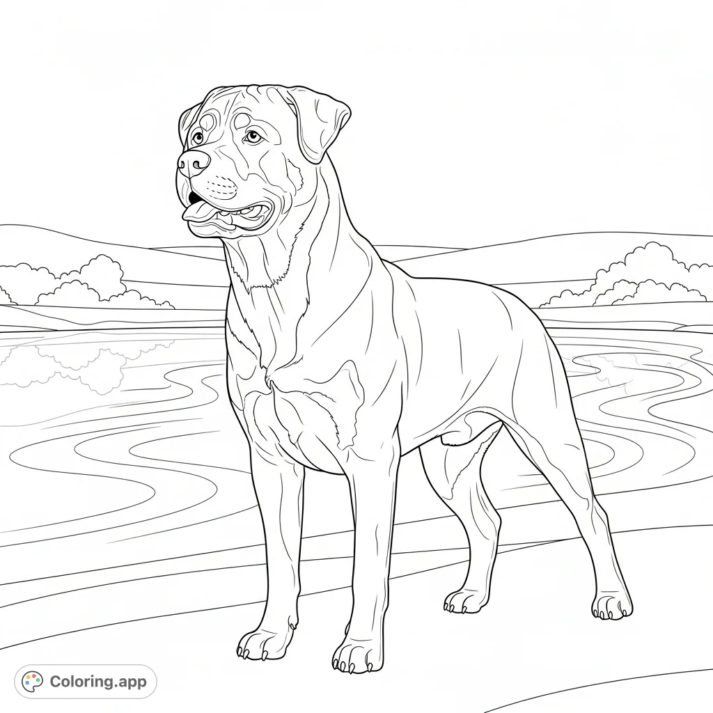 A powerful Rottweiler stands alert by a serene pond, its reflection subtly depicted in curved lines. A calm landscape completes the scene.