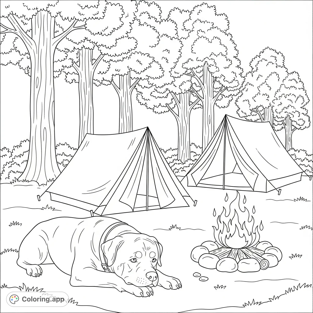 A loyal Rottweiler rests by a simplified campfire, with tents and tall trees completing a serene outdoor scene, perfect for nature and dog lovers.