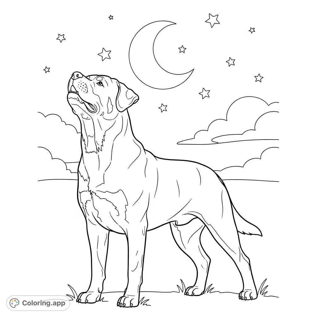 A powerful Rottweiler howls gently towards a simplified moon and stars. This calming scene offers a detailed yet open canvas for creative coloring.