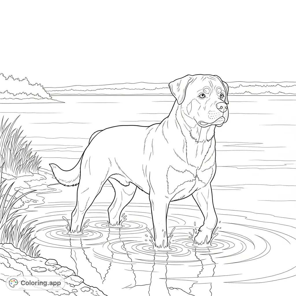 A powerful Rottweiler wades calmly through a lake's shallow water, creating gentle ripples. A serene nature scene for animal lovers to color.