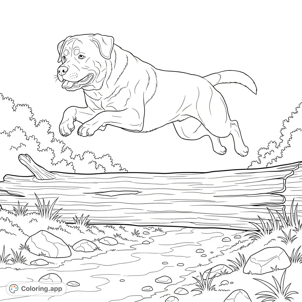 2 Rottweilers Coloring Rottweiler Leaping Over Log - Coloring.app