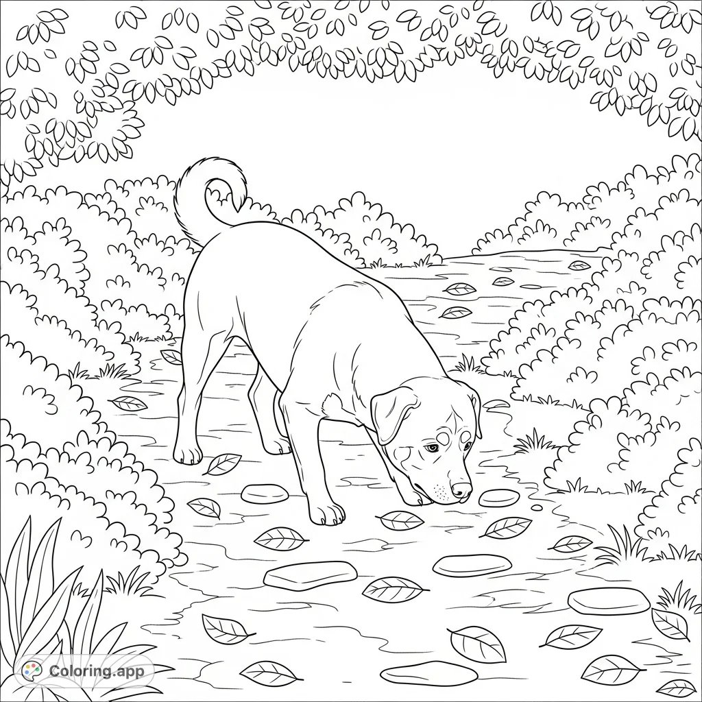 A friendly Rottweiler sniffs along a winding wooded path, surrounded by simply outlined bushes and scattered leaves, capturing a serene moment in nature.