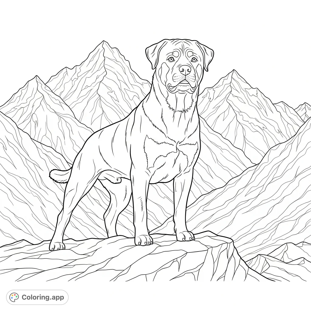 Color a powerful Rottweiler standing proudly on a rocky outcrop, with majestic mountains in the background. A striking silhouette awaits your creative touch!