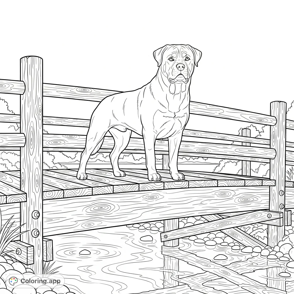 A powerful Rottweiler stands alert on a rustic wooden bridge, overseeing calm waters. A detailed scene for dog lovers to bring to life with colors.
