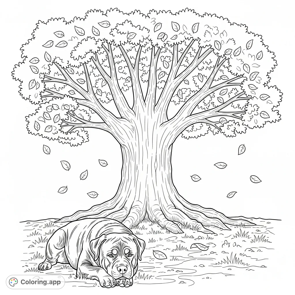 A powerful Rottweiler peacefully resting beneath a grand tree, surrounded by a scattering of fallen leaves, inviting a serene coloring experience.
